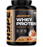HYPE Whey Protein Salted Caramel flavor black container with essential amino acids for muscle growth