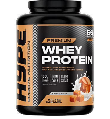 HYPE Whey Protein Salted Caramel flavor black container with essential amino acids for muscle growth