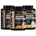 HYPE Whey Protein containers in chocolate milkshake, salted caramel, vanilla flavors for muscle growth