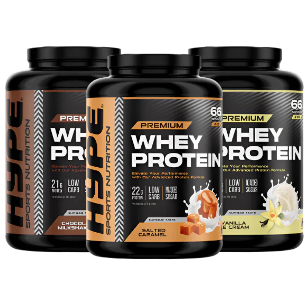 HYPE Whey Protein containers in chocolate milkshake, salted caramel, vanilla flavors for muscle growth