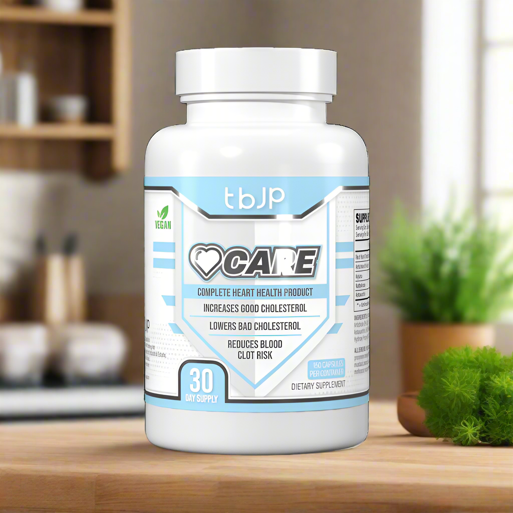 White plastic bottle of Trained By JP Heart Care supplements for love heart and lowering LDL