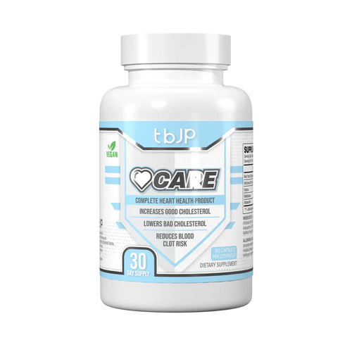 White plastic bottle of Trained By JP Heart Care supplement for love heart and lowering LDL