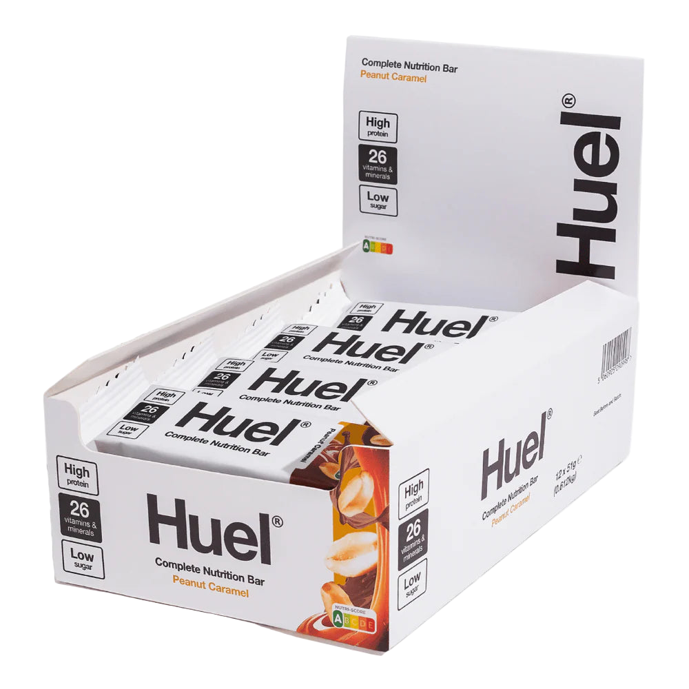 Box of Huel complete nutrition bars on a white background