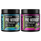 Two tubs of HYPE Pre Workout Powder Xtreme with apple blueberry and blackcurrant flavors for relentless energy and thermogenic support