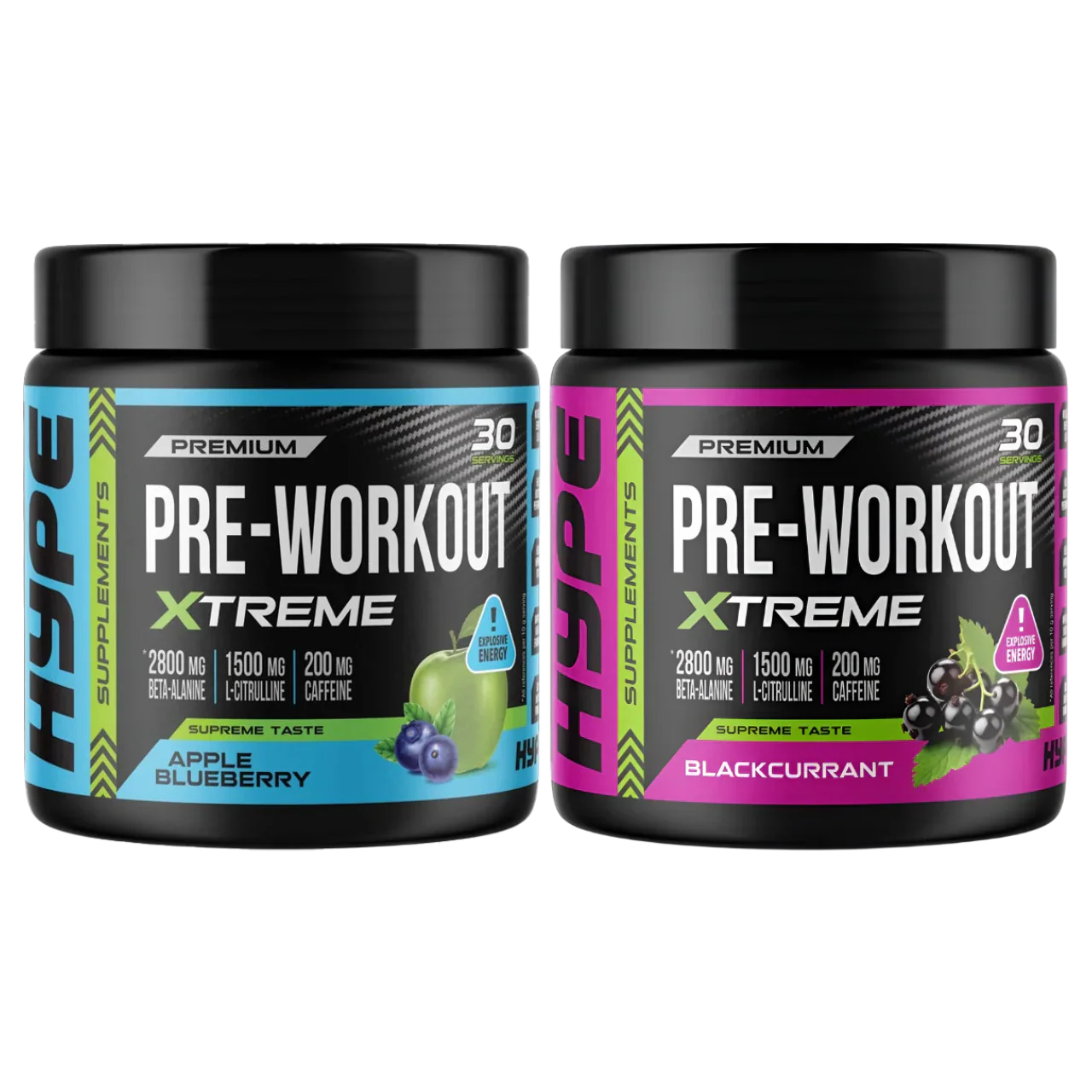 Two tubs of HYPE Pre Workout Powder Xtreme with apple blueberry and blackcurrant flavors for relentless energy and thermogenic support