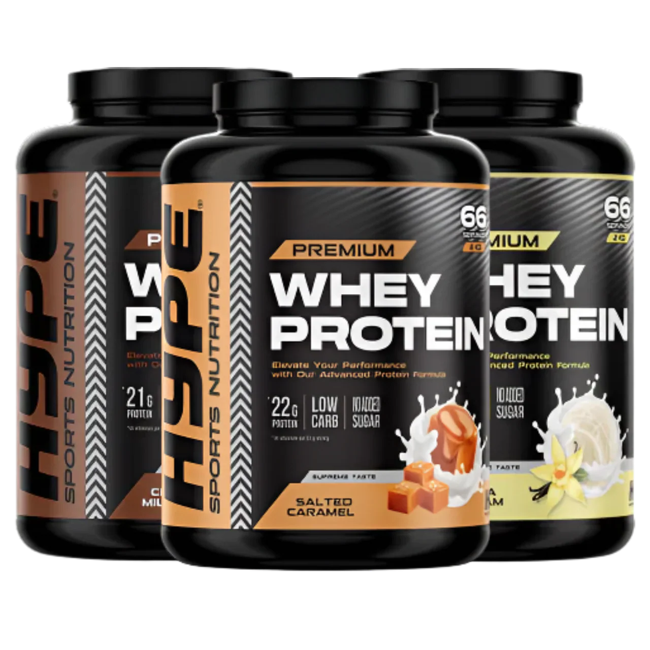 Three HYPE Whey Protein containers in different flavors with essential amino acids for muscle growth