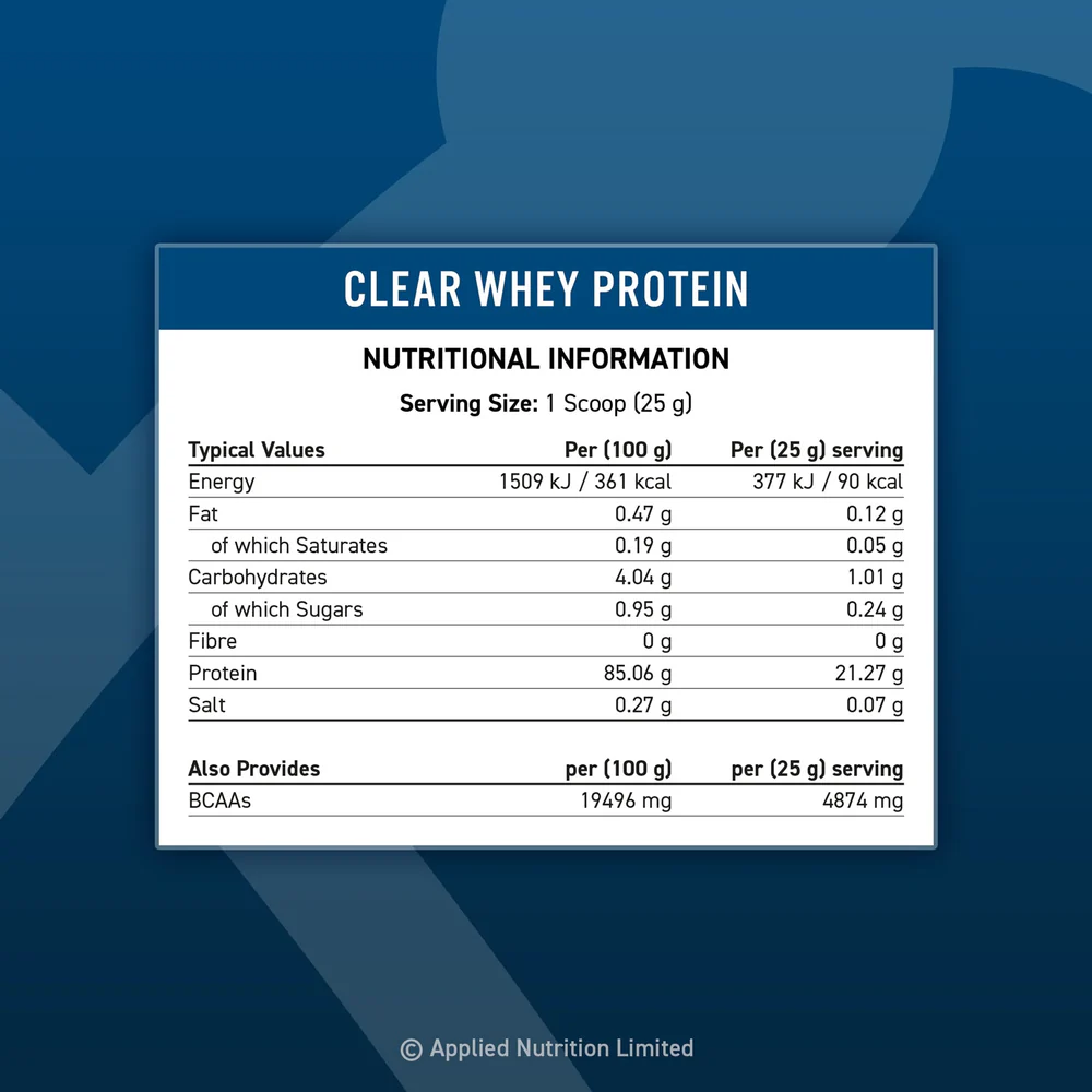 Nutritional info label for Applied Nutrition Clear Whey with ultra-hydrolysed whey protein