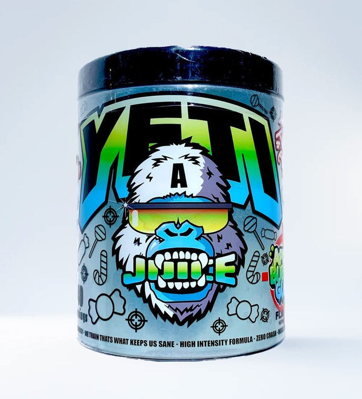Colorful cartoon-themed Gorillalpha Yeti Juice pre-workout container for chaos crew protein