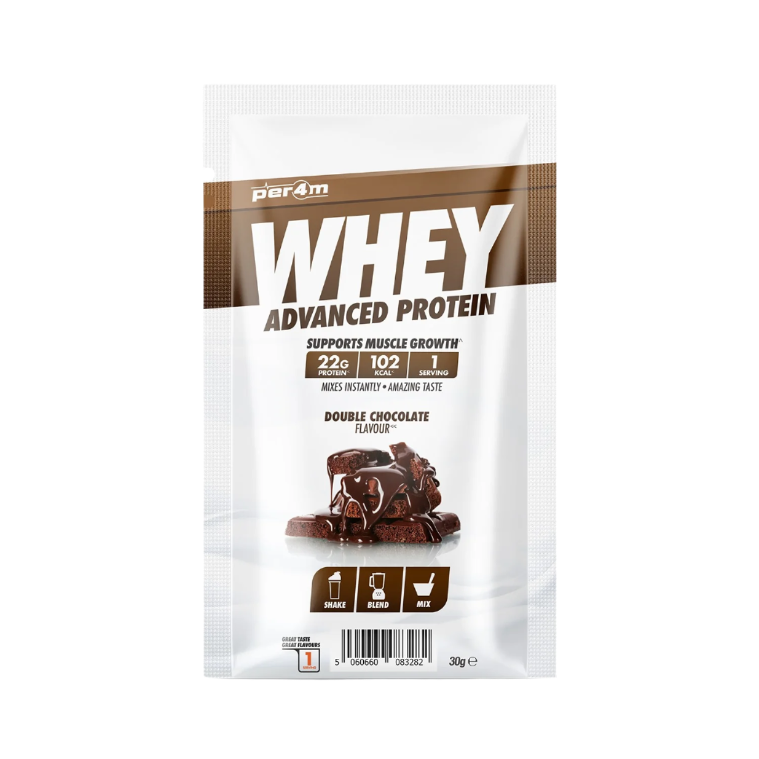 Per4m Advanced Whey Protein Sachet with Double Chocolate flavor, 22g protein, easy mix