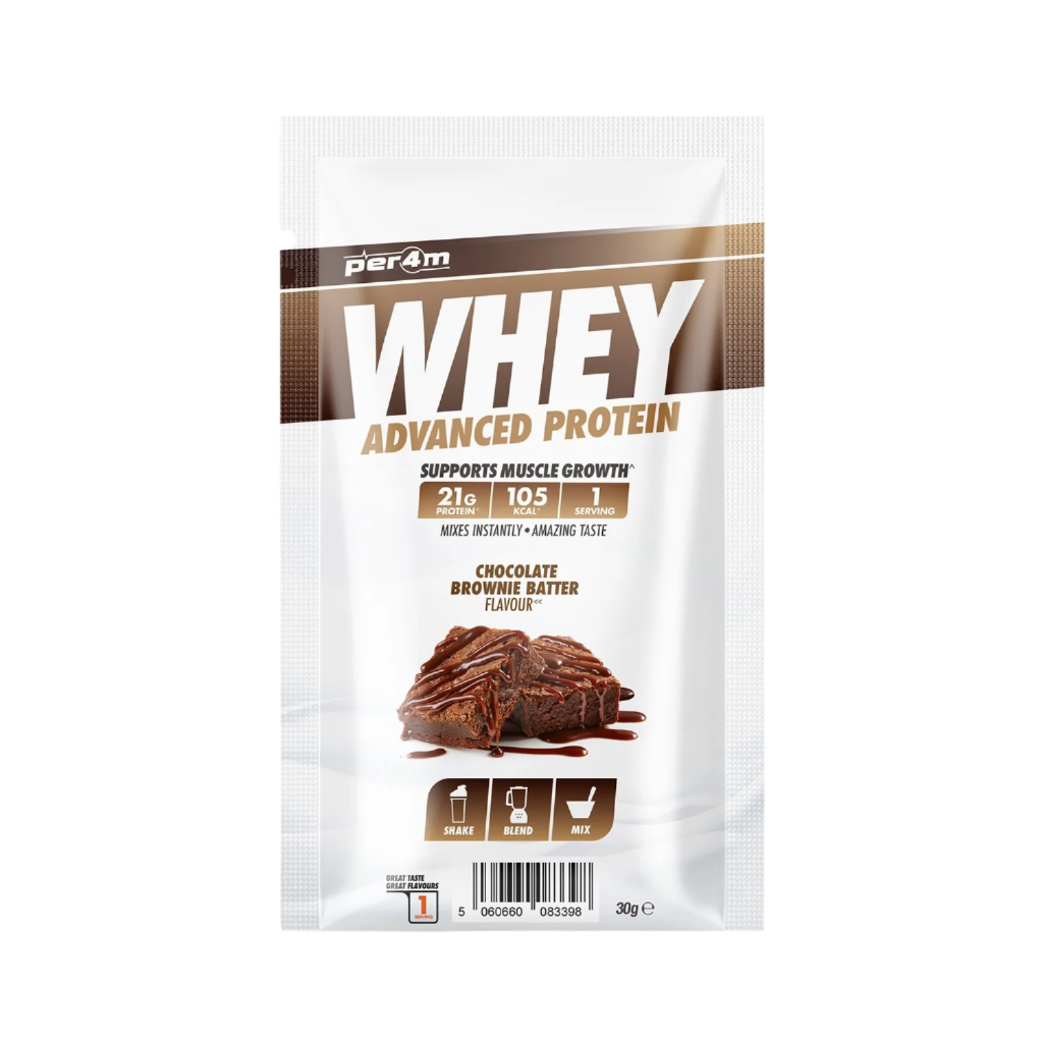 Single-serving Per4m Advanced Whey Protein Sachet with chocolate brownie batter flavor
