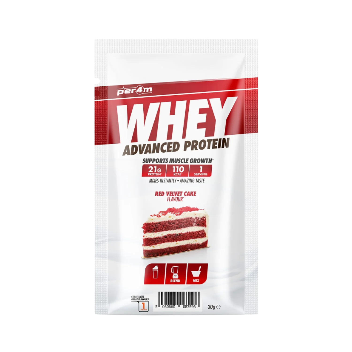 Per4m Advanced Whey Protein Sachet with red velvet cake flavor for muscle gains