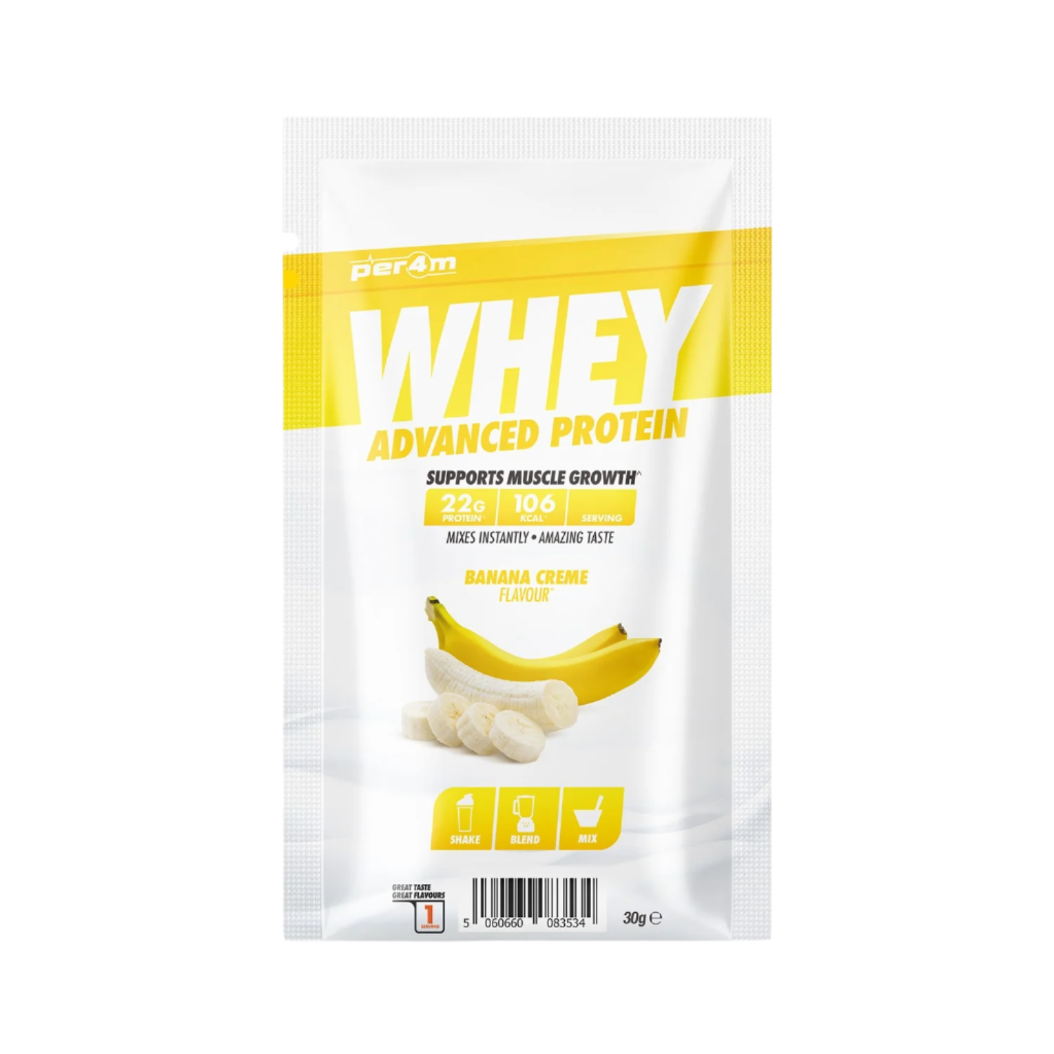 Per4m Advanced Whey Protein Sachet with banana creme flavor for quick energy