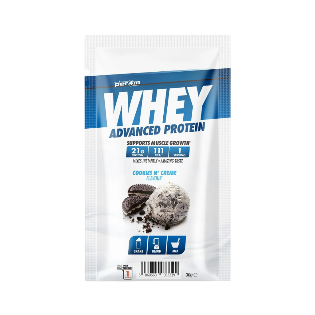 Per4m Advanced Whey Protein Sachet with Cookies N Creme flavor for muscle gain