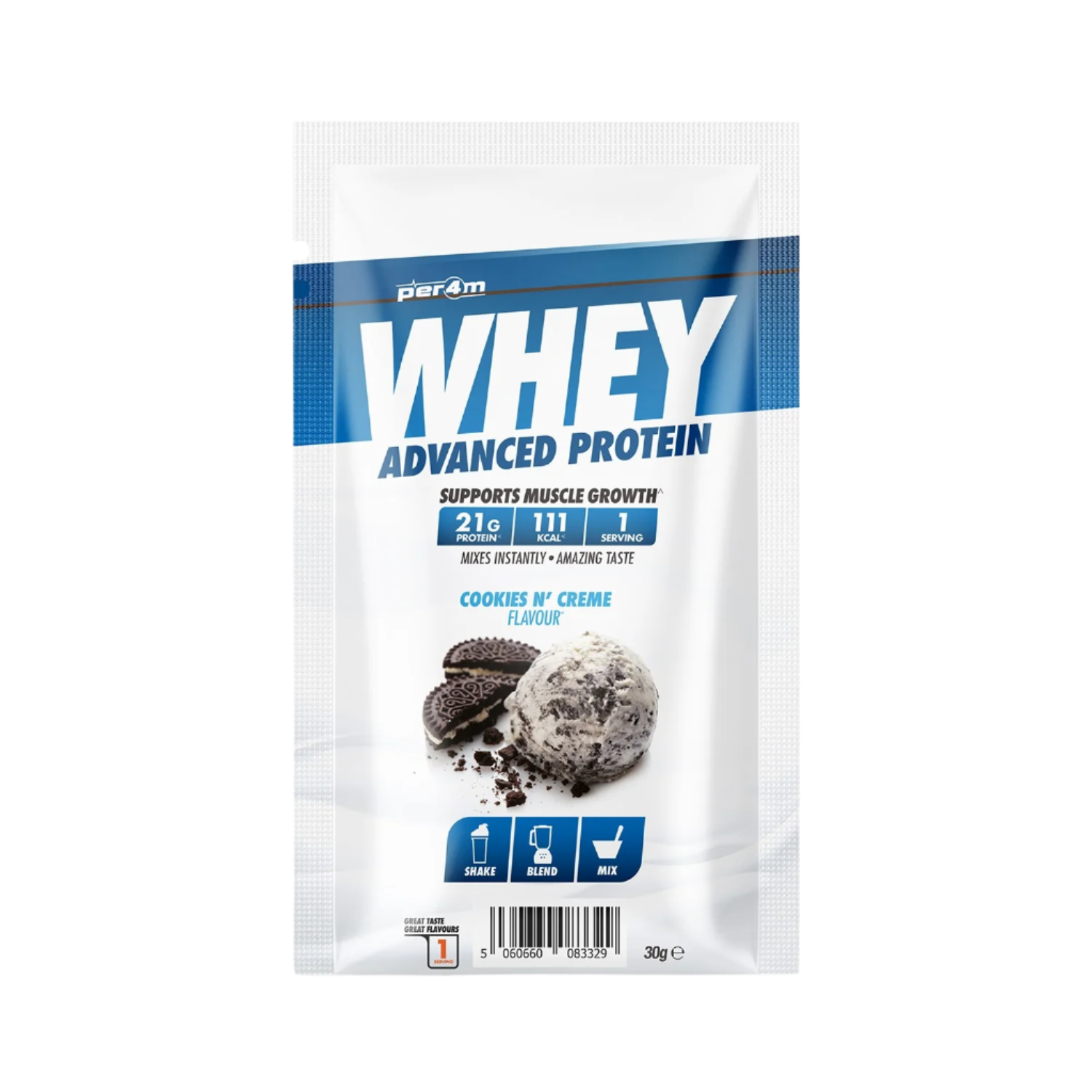 Per4m Advanced Whey Protein Sachet with Cookies N Creme flavor for muscle gain