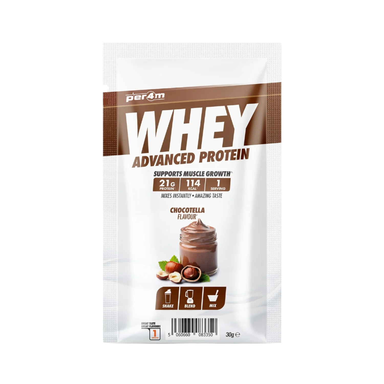 Single-serving Per4m Advanced Whey Protein Sachet with chocolate hazelnut flavor