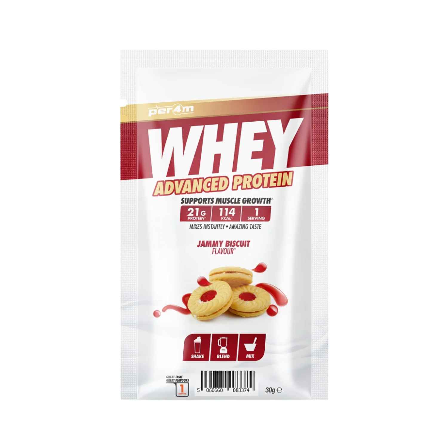 Per4m Advanced Whey Protein Sachet with Jammy Biscuit flavor for muscle growth