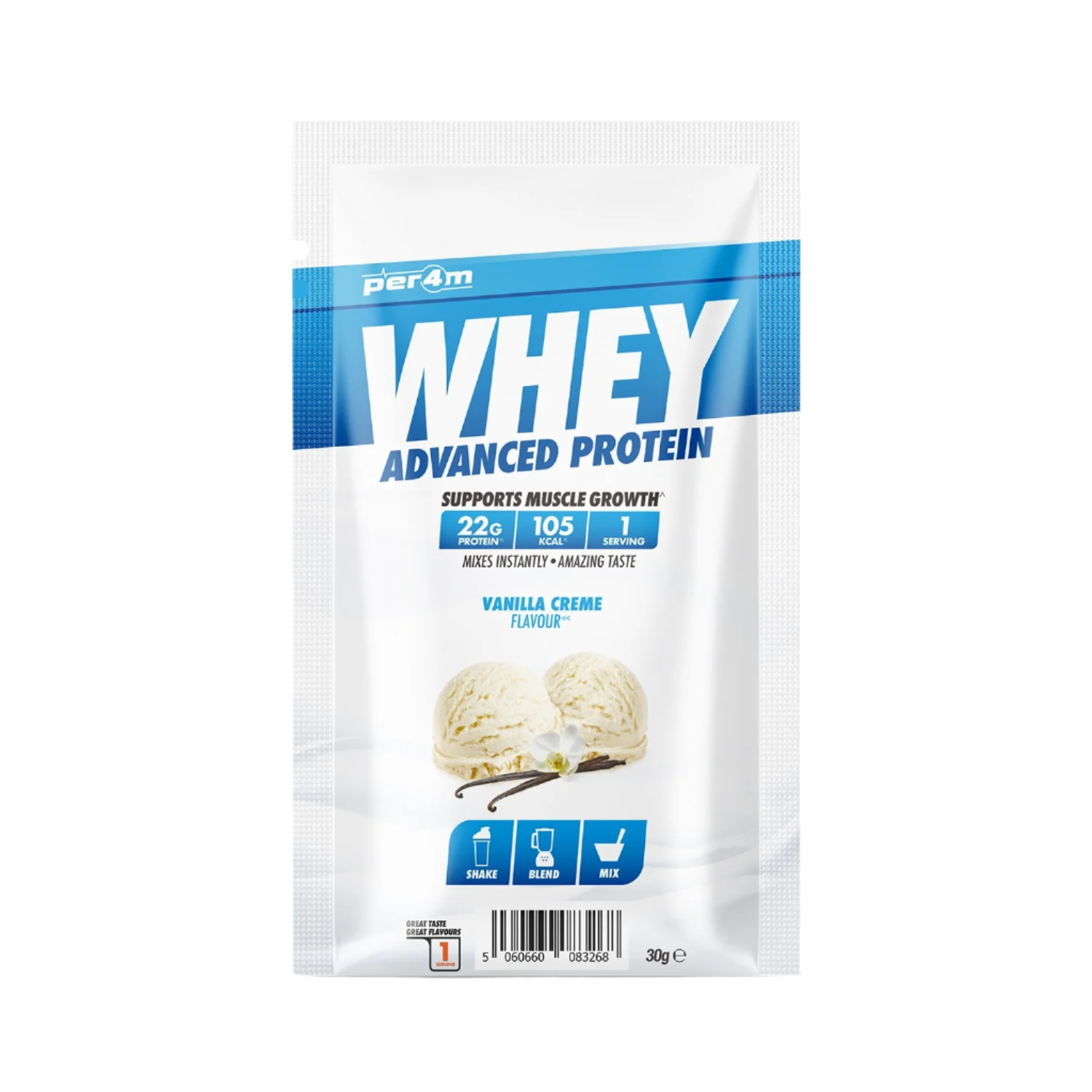 Per4M Advanced Whey Protein Sachet with Vanilla Creme flavor, 22g protein, 105 calories