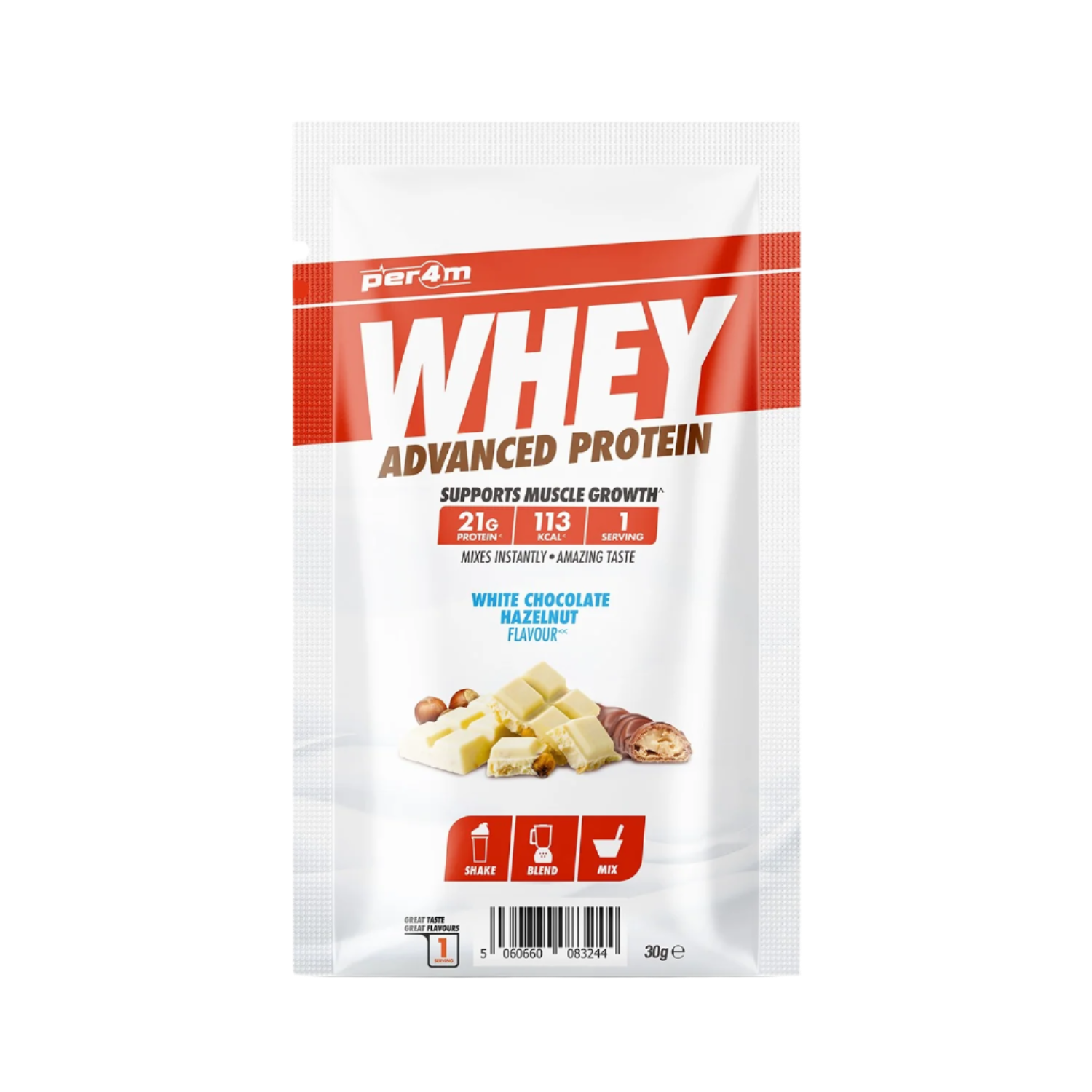 Per4m Advanced Whey protein sachet with white chocolate hazelnut flavor for easy gains