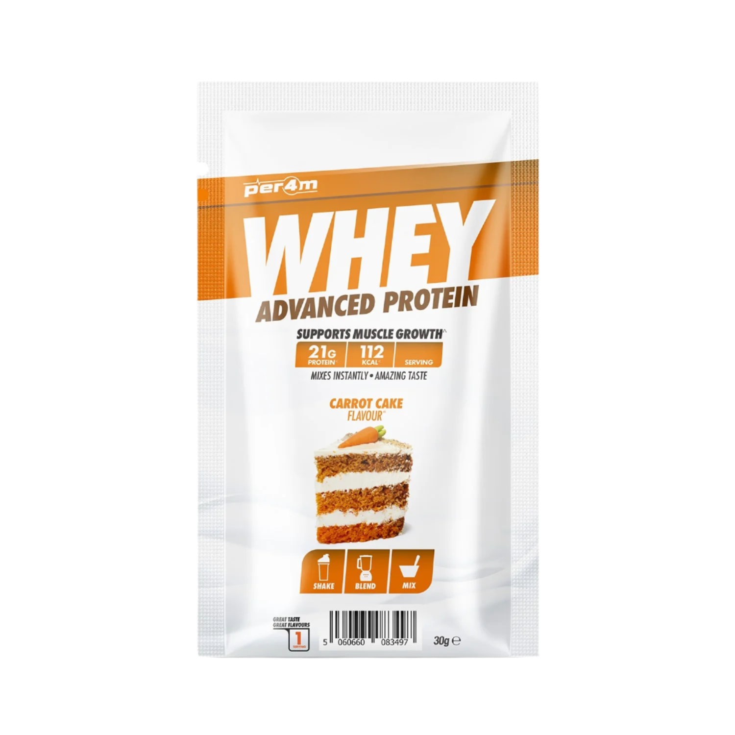Single-serving Per4m Advanced Whey Protein Sachet with carrot cake flavor