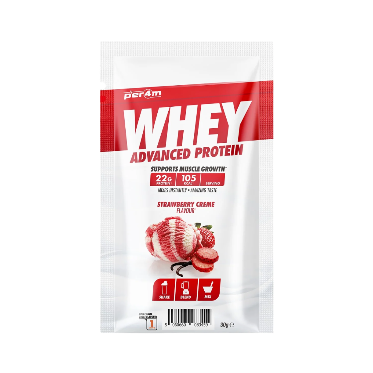 Per4m Advanced Whey Protein Sachet with 22g protein and 105 kcal, strawberry creme flavor