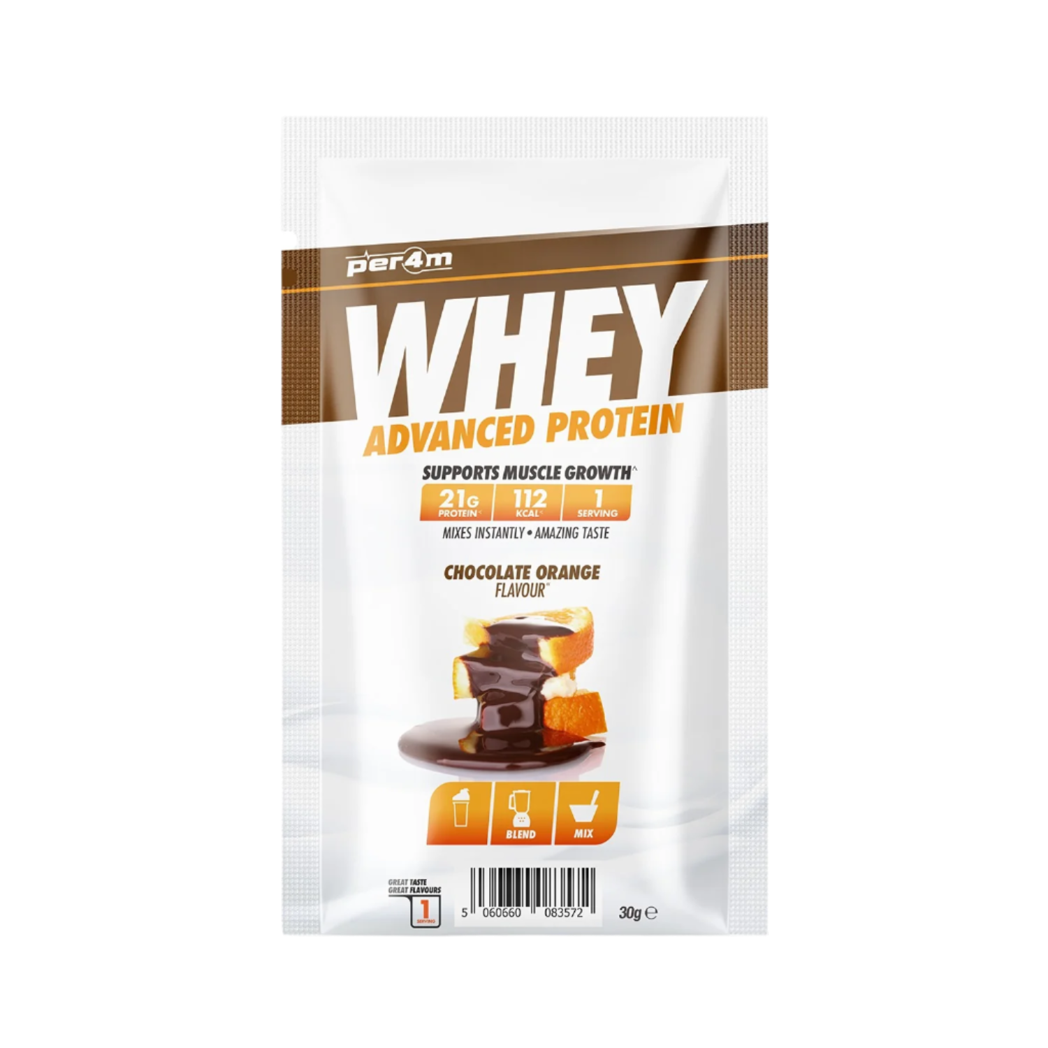 Chocolate orange flavored Per4m Advanced Whey Protein Sachet for muscle gains