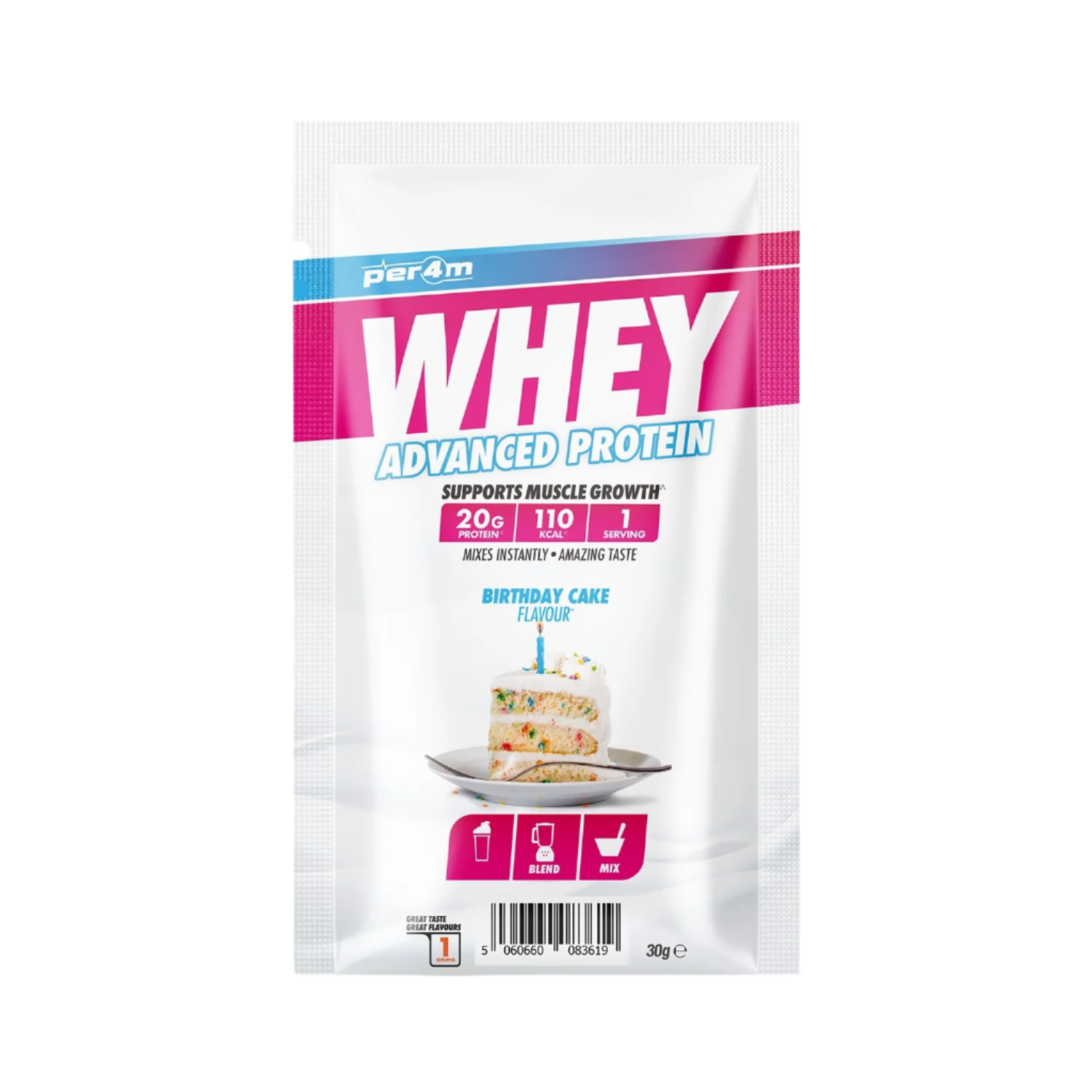 Per4m Advanced Whey Protein Sachet in Birthday Cake flavor with 20g protein, 110 calories