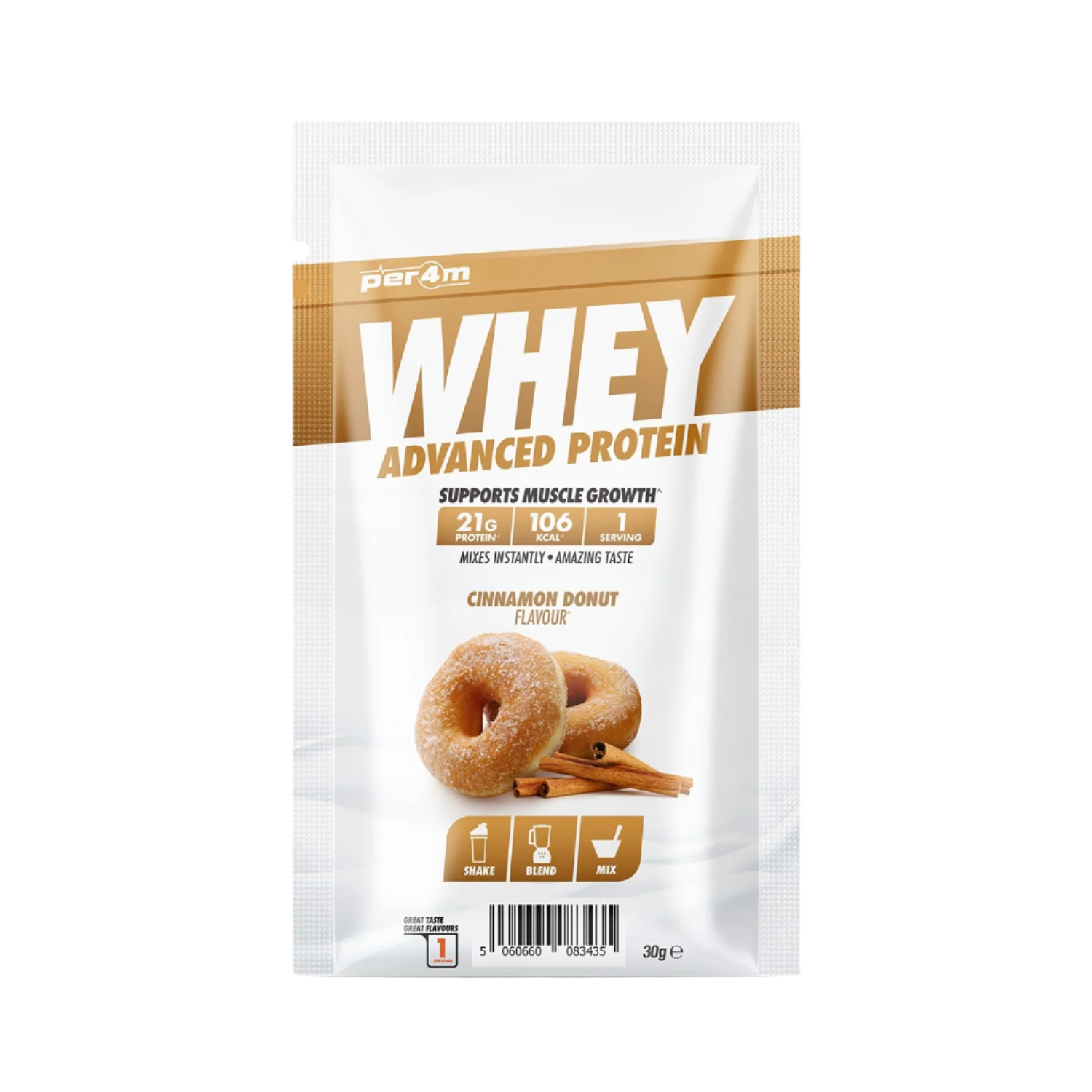 Per4m Advanced Whey Protein Sachet with cinnamon donut flavor for tasty muscle boost