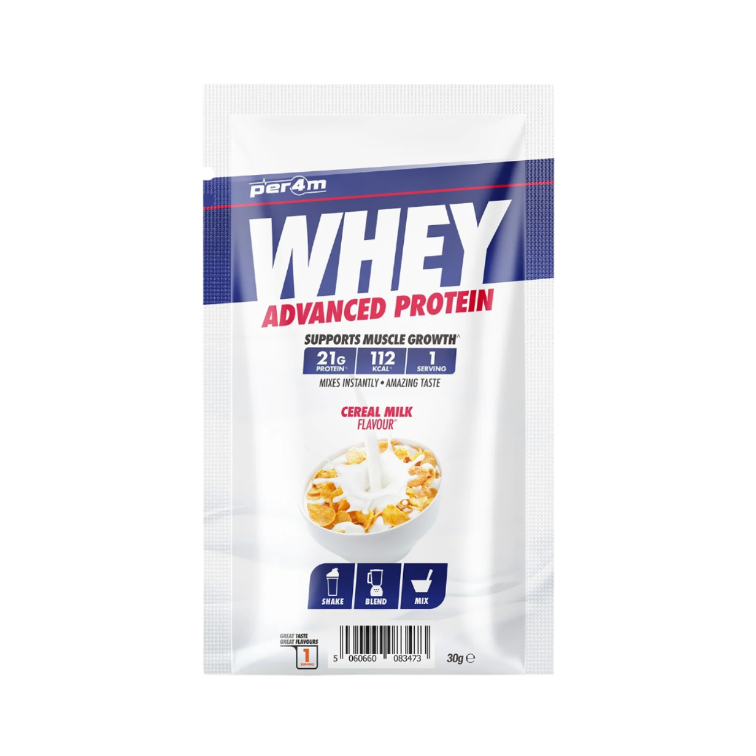 Per4m Advanced Whey Protein Sachet with cereal milk flavor, 21g protein, instant mix