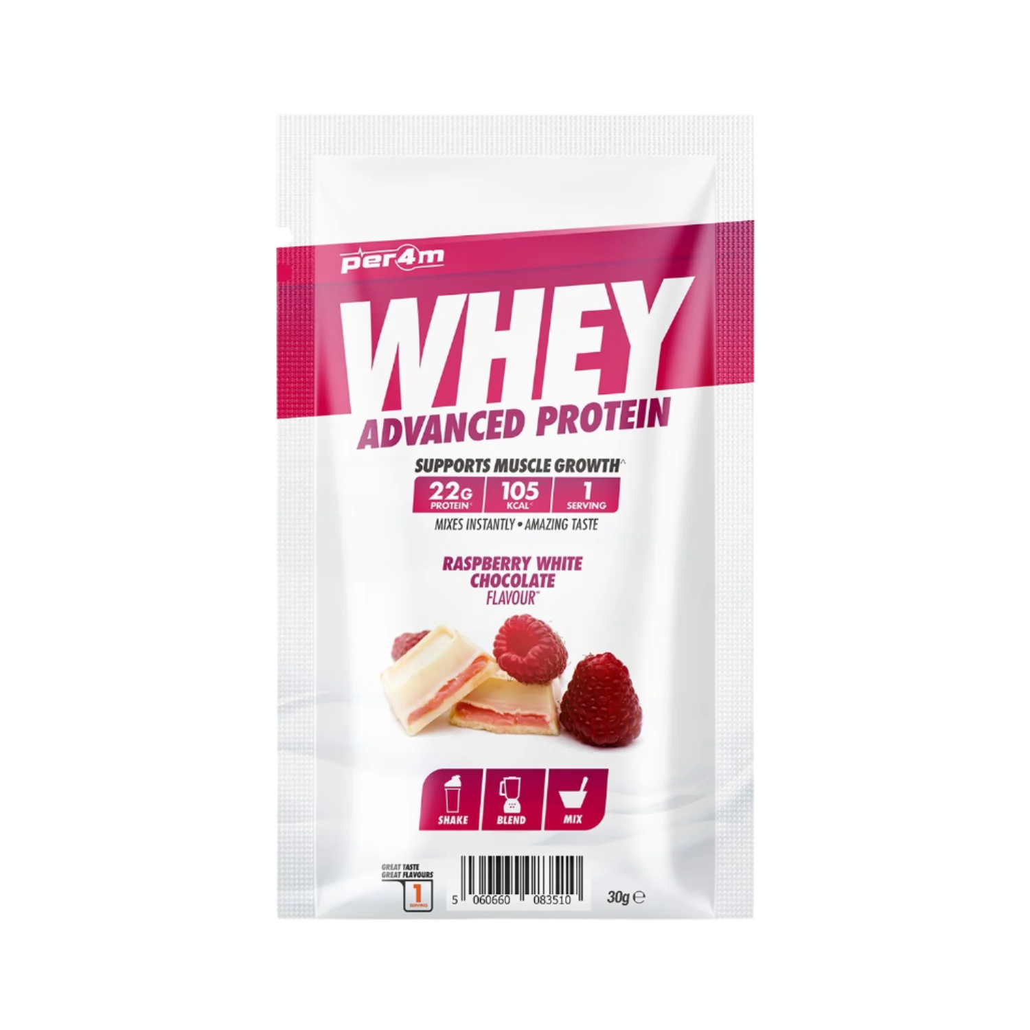 Per4m Advanced Whey Protein Sachet with raspberry white chocolate flavor for muscle gains