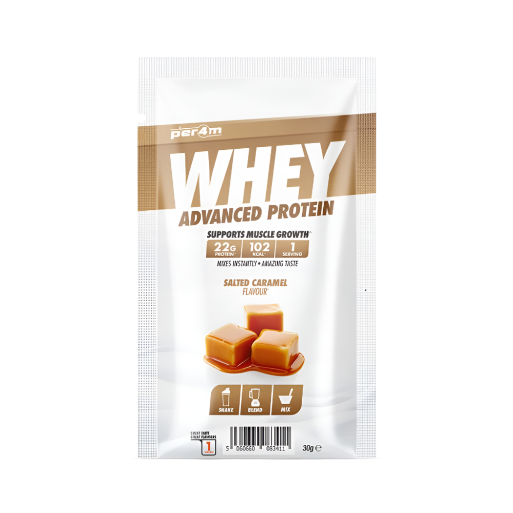 Salted caramel flavored Per4m Advanced Whey Protein Sachet for muscle gains
