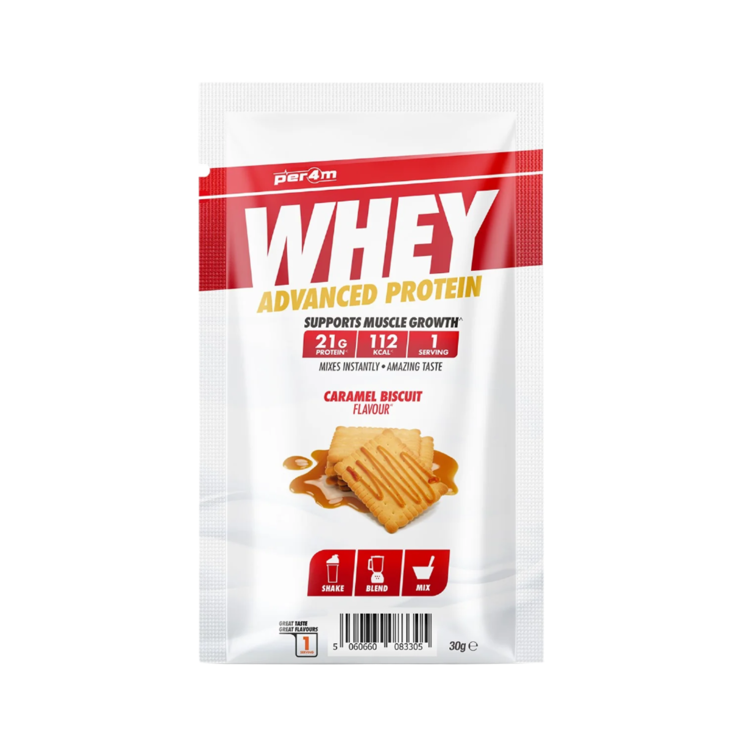White Per4m Advanced Whey Protein Sachet with caramel biscuit flavor, single-serving packet
