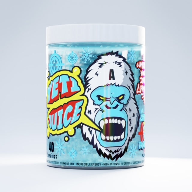 Gorillalpha Yeti Juice pre-workout supplement with cartoon Yeti design, chaos crew protein, chocolate lemon flavor