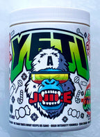 White container of Gorillalpha Yeti Juice pre-workout with gorilla cartoon, chaos crew protein, chocolate lemon flavor