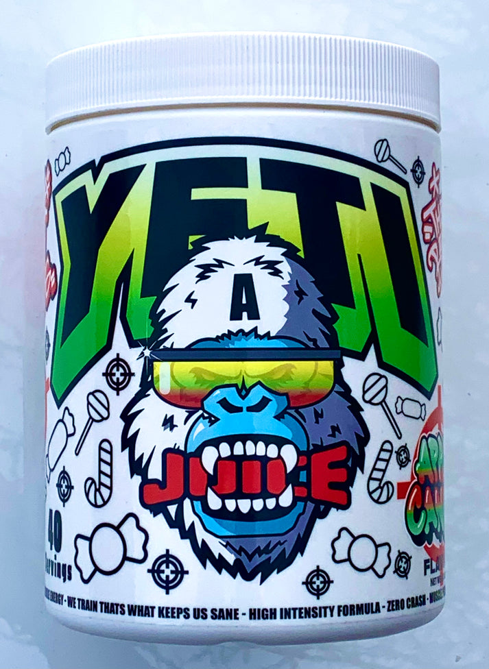 White container of Gorillalpha Yeti Juice pre-workout with gorilla cartoon, chaos crew protein, chocolate lemon flavor