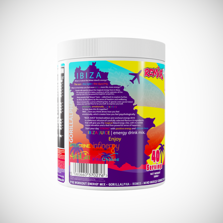Colorful Gorillalpha Ibiza Juice Remix energy drink mix with 40 servings