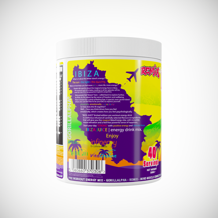 Gorillalpha Ibiza Juice Remix 2 energy drink mix with colorful label in a white tub