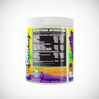 White plastic container of Gorillalpha Ibiza Juice Remix pre-workout supplement with nutritional info