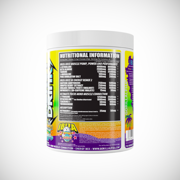 White plastic container of Gorillalpha Ibiza Juice Remix pre-workout supplement with nutritional info