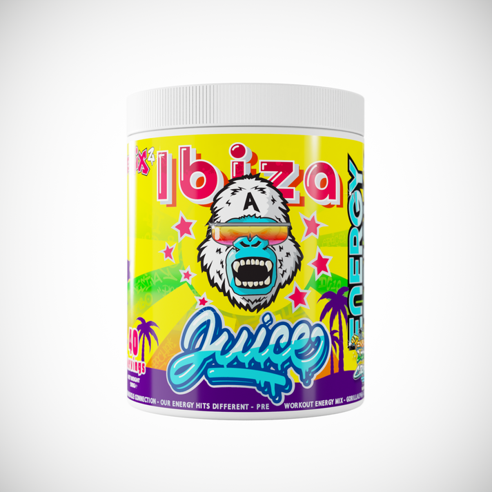 Vibrant yellow Gorillalpha Ibiza Juice Remix pre-workout powder with cartoon gorilla