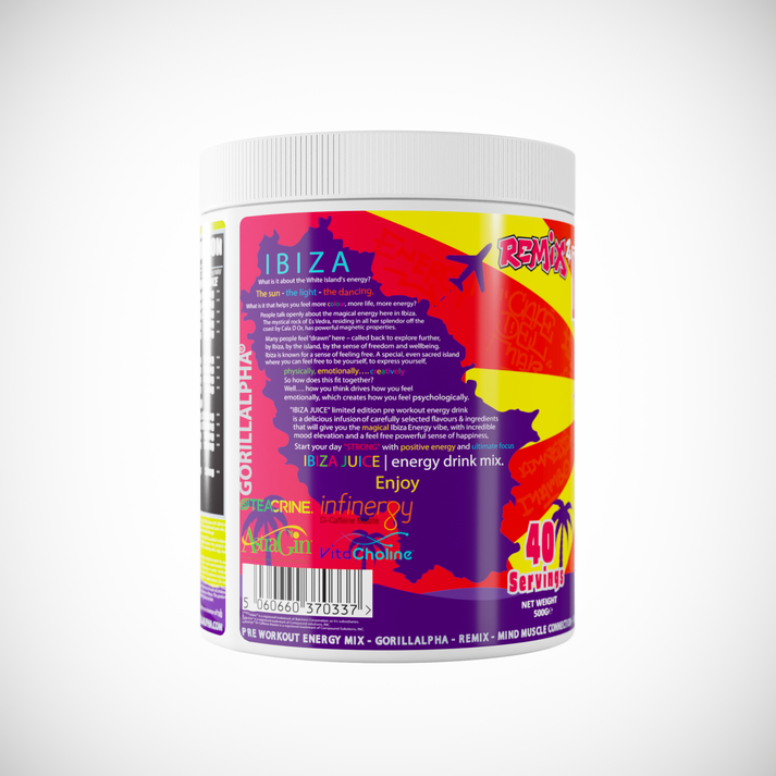 Energy drink mix in a white tub with colorful label for Gorillalpha Ibiza Juice Remix