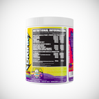 Gorillalpha Ibiza Juice Remix pre-workout powder container with bright yellow and purple label