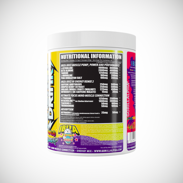 Gorillalpha Ibiza Juice Remix pre-workout powder container with bright yellow and purple label