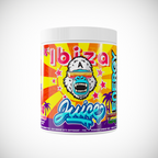 Vibrant yellow and orange Gorillalpha Ibiza Juice Remix powder tub with cartoon gorilla