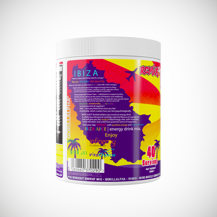 Gorillalpha Ibiza Juice Remix energy drink mix with a vibrant label for Ibiza juice remix