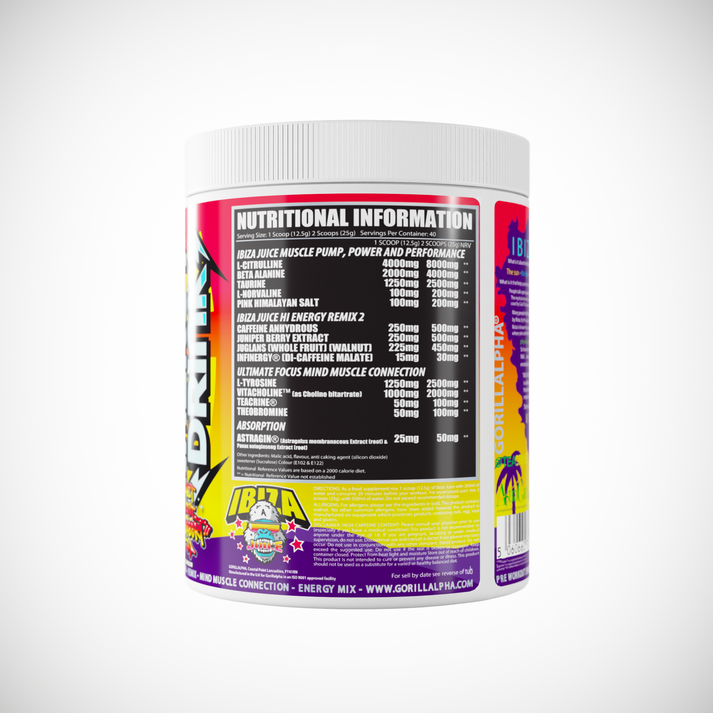 White gorillalpha ibiza supplement container with colorful label for Ibiza Juice Remix