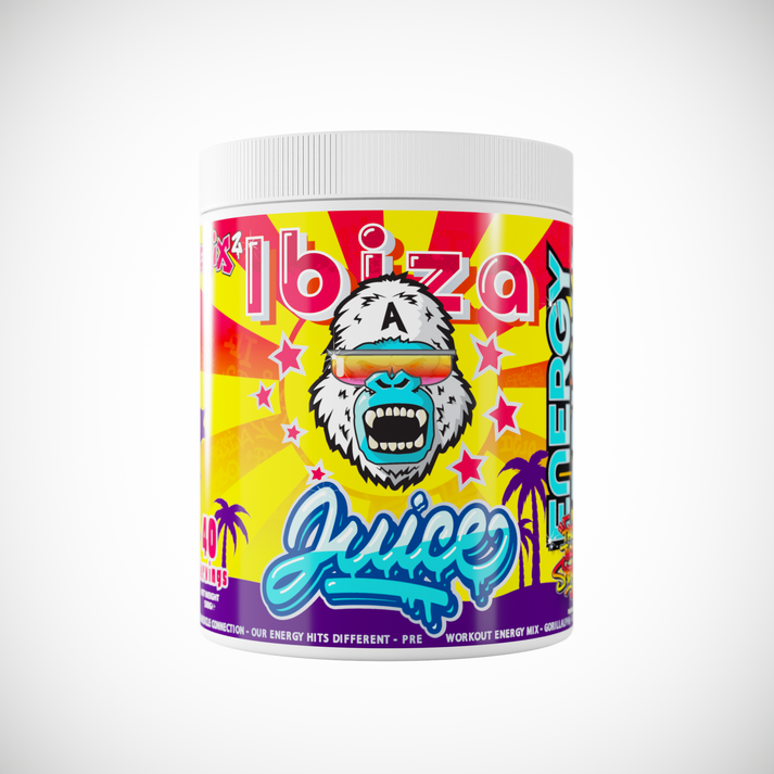 Colorful Gorillalpha Ibiza Juice Remix container with sunglasses-wearing gorilla icon