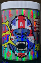 Silver Gorillalpha Yeti Juice container with angry gorilla and Union Jack flag for chaos crew protein flavor
