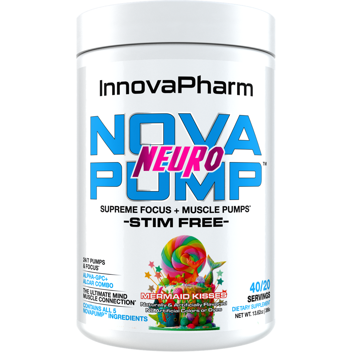 White Innovapharm NovaPump Neuro container with Mermaid Kisses flavor pre-workout supplement