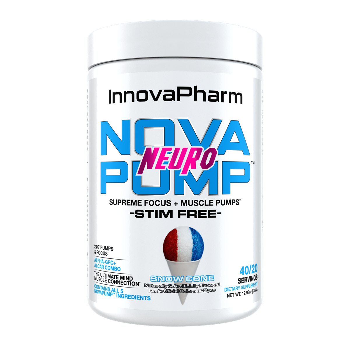 White Innovapharm NovaPump Neuro container with Snow Cone flavor dietary supplement