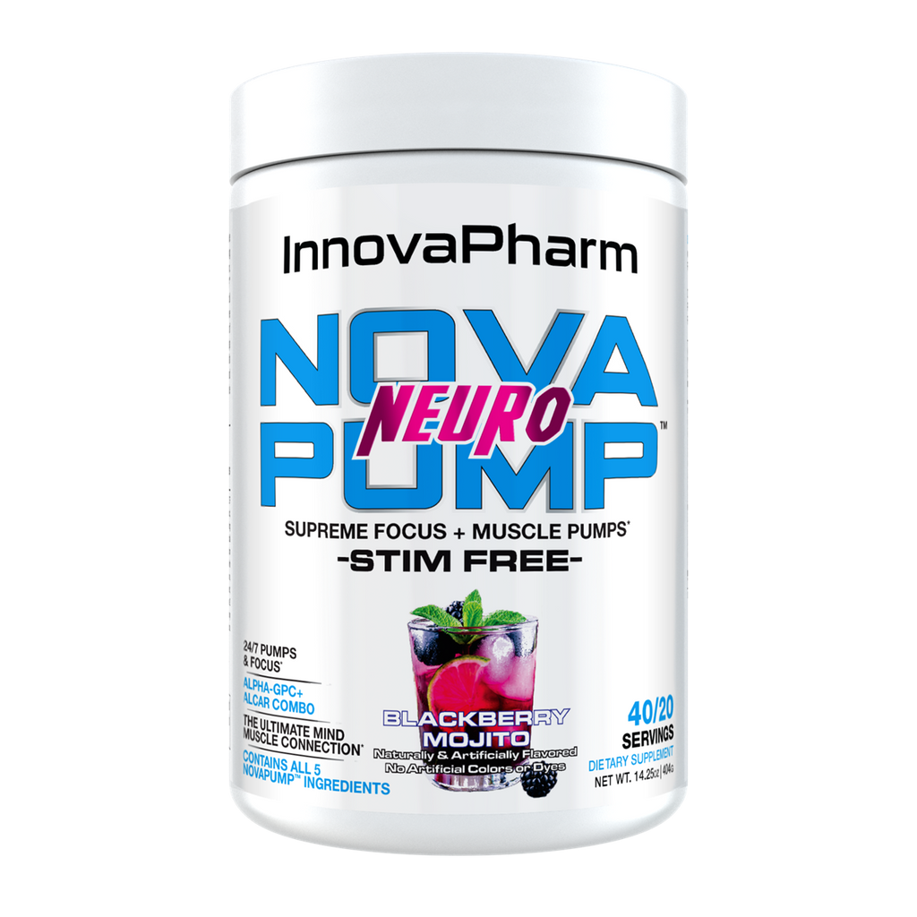 White tub of Innovapharm NovaPump Neuro in Blackberry Mojito flavor for focus and pumps